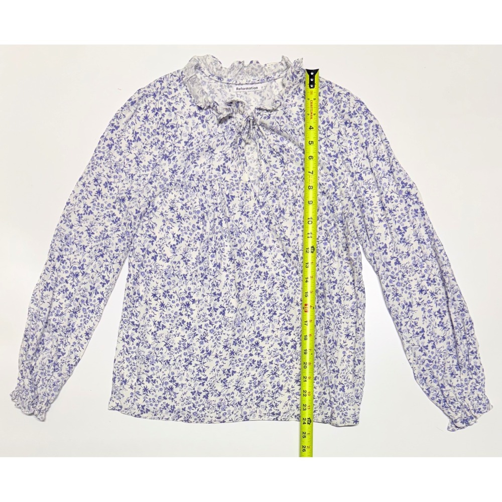 Reformation Blue White Floral Ruffle Tie Neck Blouse XS EcoVero Long Sleeve Top